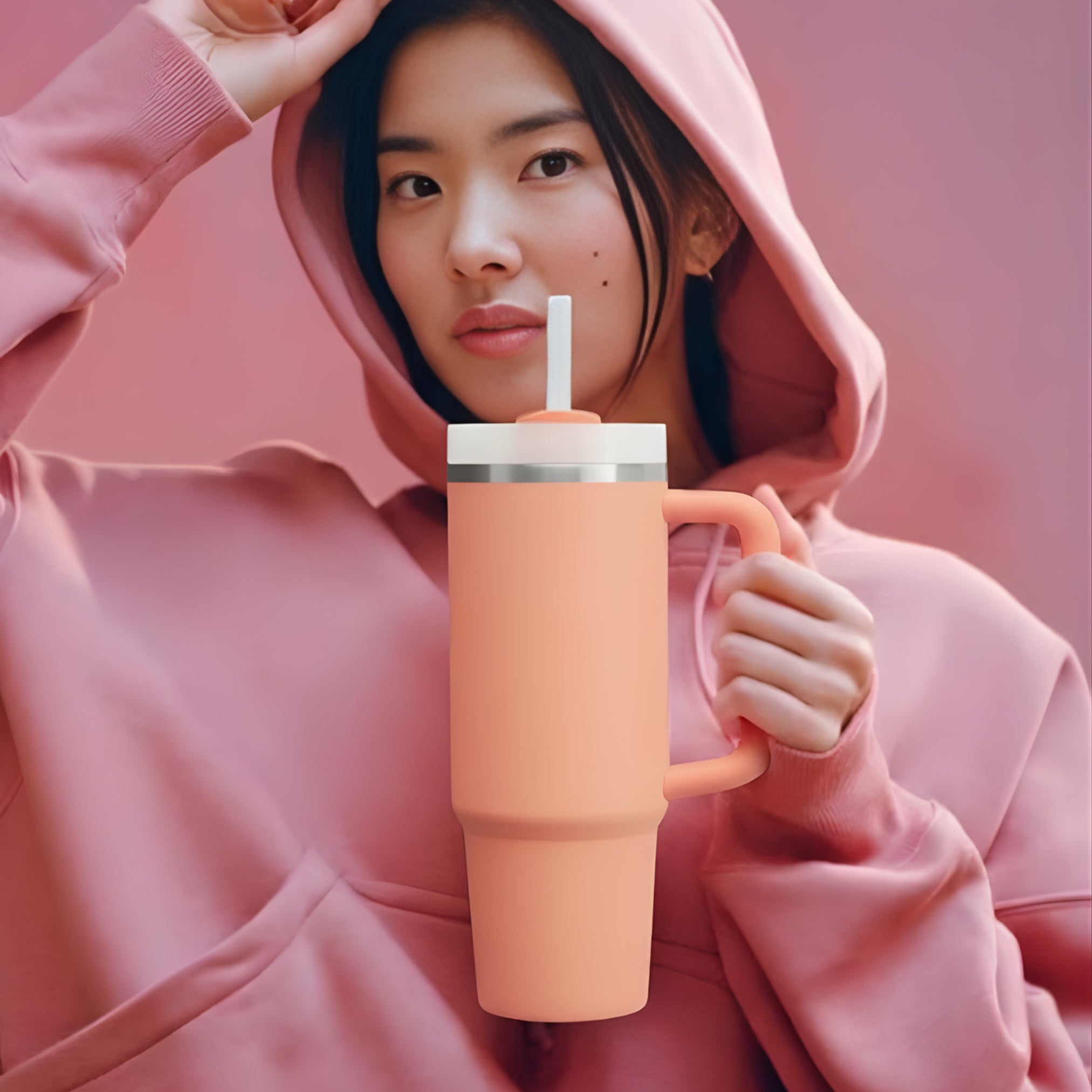 Peach Tumbler with Handle & Straw