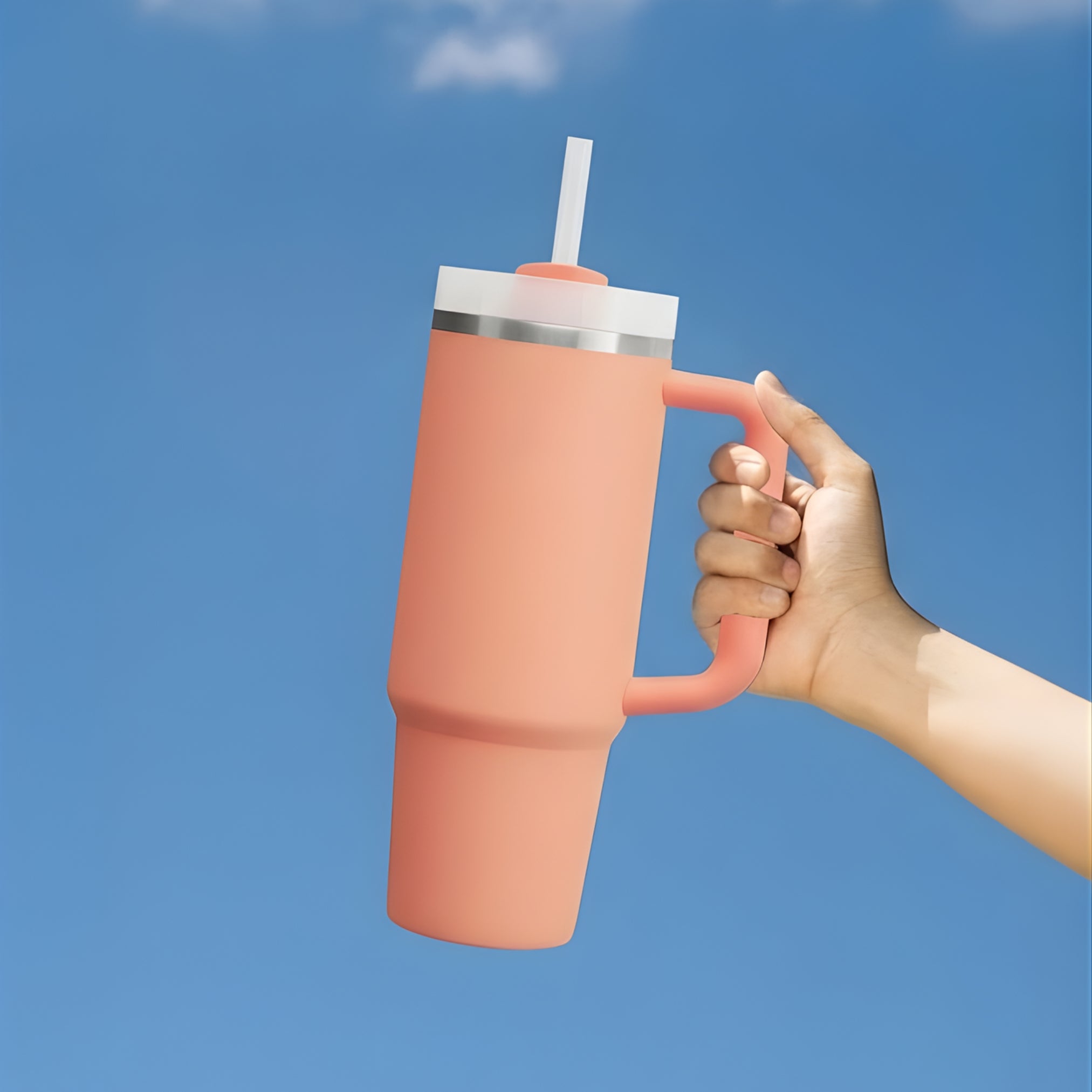 Peach Tumbler with Handle & Straw